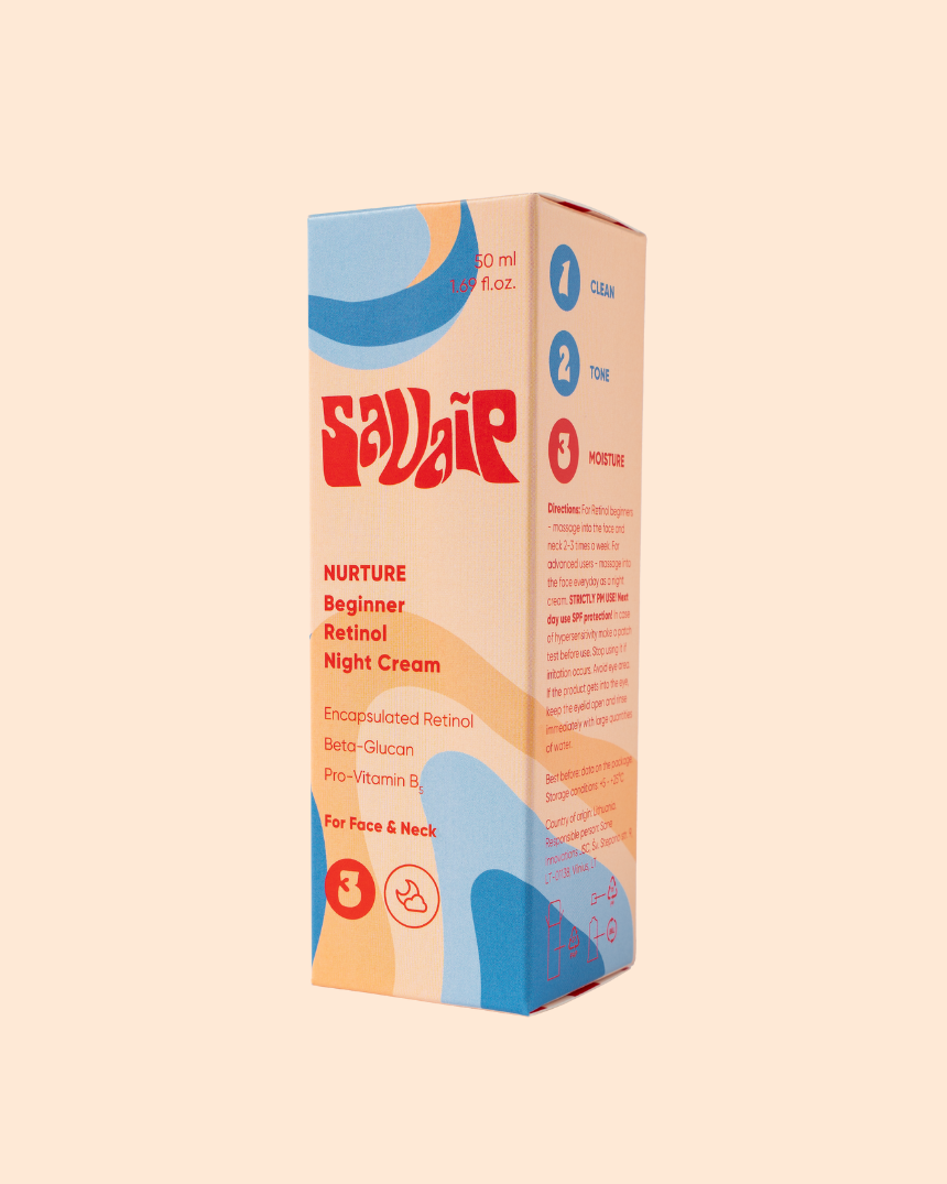 A Savaip skincare product box labeled Beginner Retinol Night Cream for face and neck, highlighting ingredients such as Encapsulated Retinol, Beta-Glucan, and Pro-Vitamin B5.