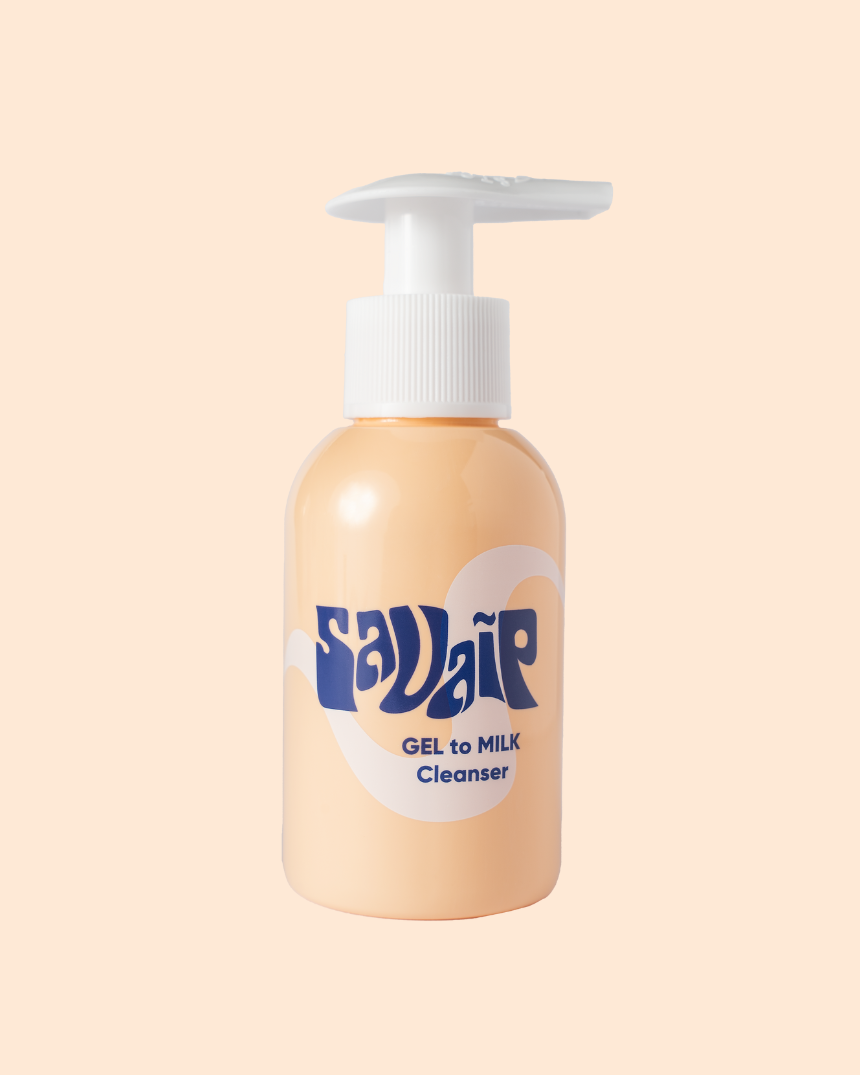 A peach-colored pump bottle of Savaip skincare product labeled "GEL to MILK Cleanser", featuring the Savaip Skin signature blue and white logo on a pastel background.