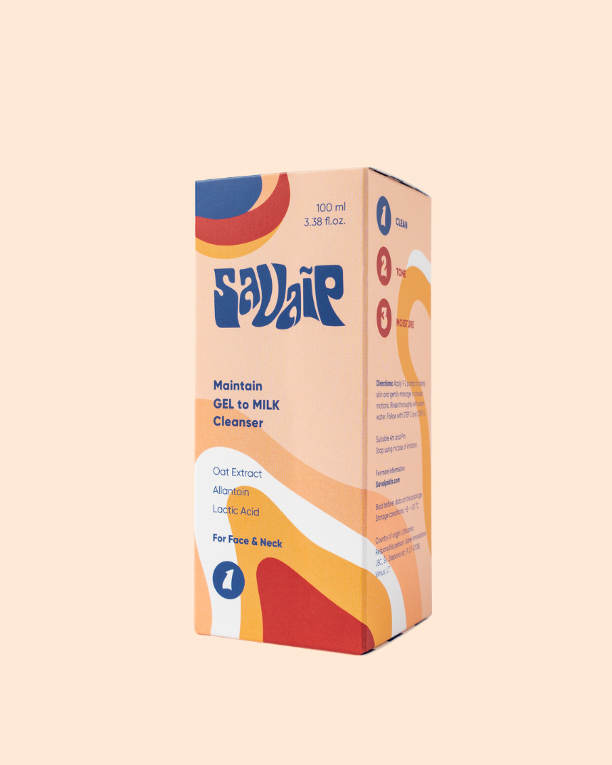 A close-up of a Savaip skincare product box with vibrant blue and peach design details, labeled GEL to MILK Cleanser, highlighting ingredients like "Oat Extract", "Allantoin", and "Lactic Acid".