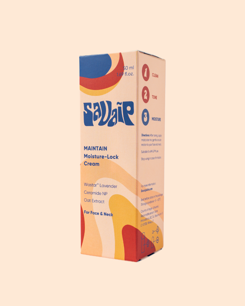 A Savaip Skin skincare box displaying Moisture-Lock Cream for face & neck, with key ingredients like Wastar™ Lavender, Ceramide NP, and Oat Extract.