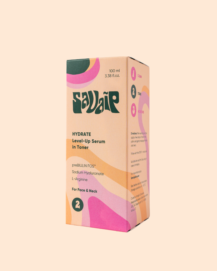 A Savaip skin skincare product box in pastel colors displaying  Level-Up Serum in Toner, with ingredients like "preBIULIN FOS™", "Sodium Hyaluronate", and "L-Arginine". 